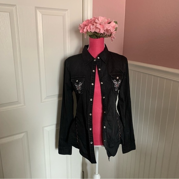 Black Denim Cowgirl Button Down with Pearl Buttons, Pink/White Embroidery - Picture 2 of 10